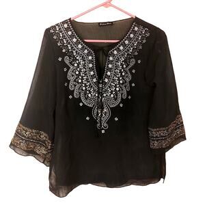 Brittany Black Vintage Boho Indie Bohemian Tunic Blouse Top Size Medium M Sheer
